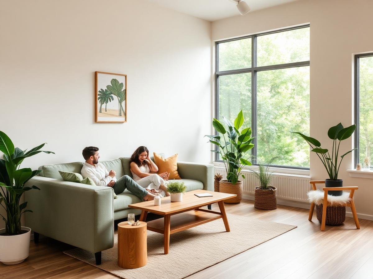 Espaço família com sofá verde sálvia e grande janela com vegetação